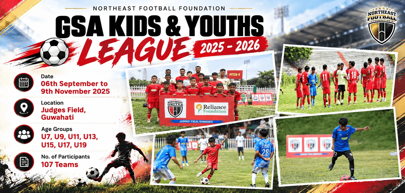 GSA Kids and Youths League 2025–26 banner: Judges Field, Guwahati, U7 to U19, 107 teams