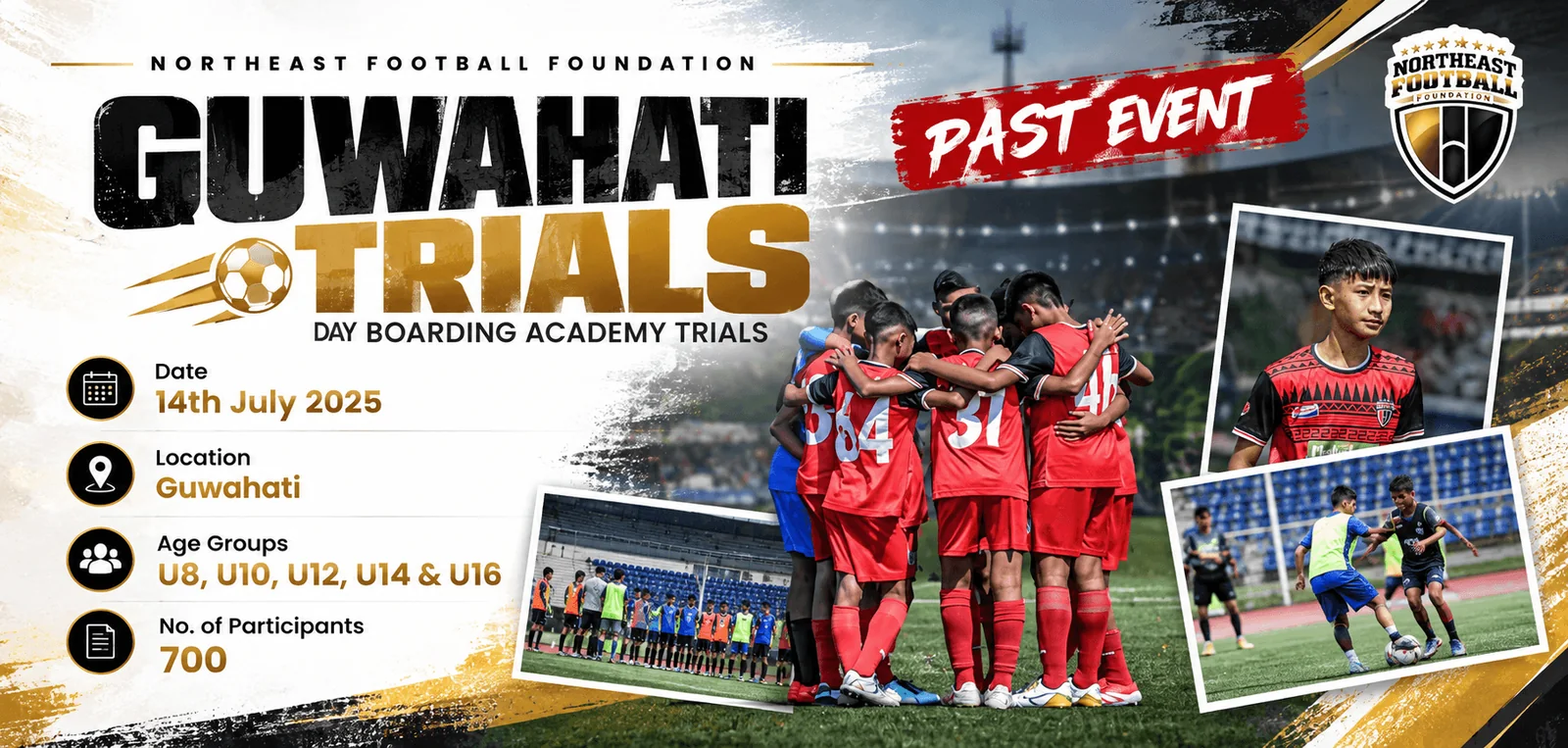 Guwahati Day Boarding Academy Trials banner: 14 July 2025, U8 to U16, 700 participants