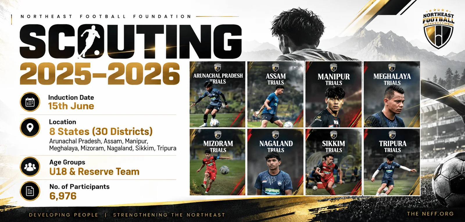 Scouting 2025–26 banner: trials across all eight Northeast states, 30 districts, 6,976 participants